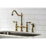 Kingston Brass KS1273ALBS Heritage Bridge Kitchen Faucet with Brass Sprayer, Antique Brass