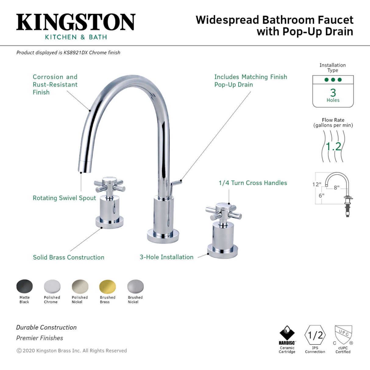Kingston Brass KS8921DX 8 in. Widespread Bathroom Faucet, Polished Chrome