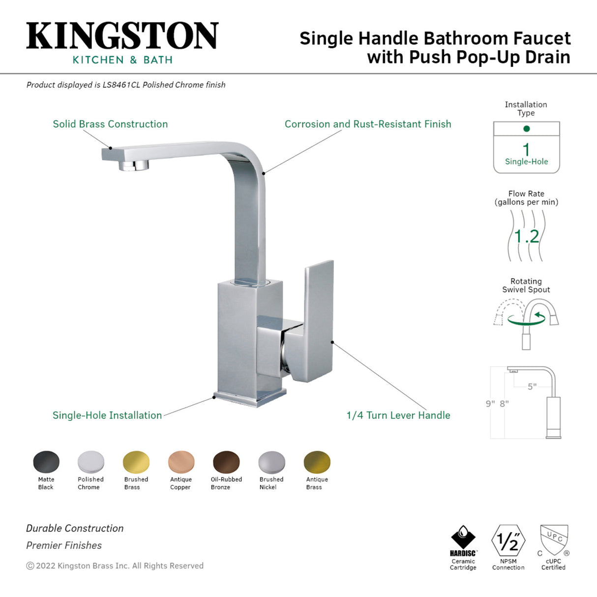 Fauceture LS8463CL Claremont Single-Handle Bathroom Faucet with Push Pop-Up, Brushed Brass