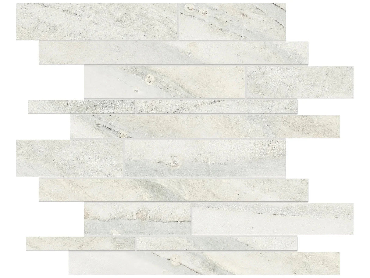 Anatolia Tile Evolution Ice Random Strip Matte Porcelain Mosaics. 1 Sheet = .96 Sq. Ft. 4501-0099-0 (69-200) Ice Random Strip - premium natural stone mosaic tile from Anatolia Tile, available at PoshHaus showroom in Keene, NH