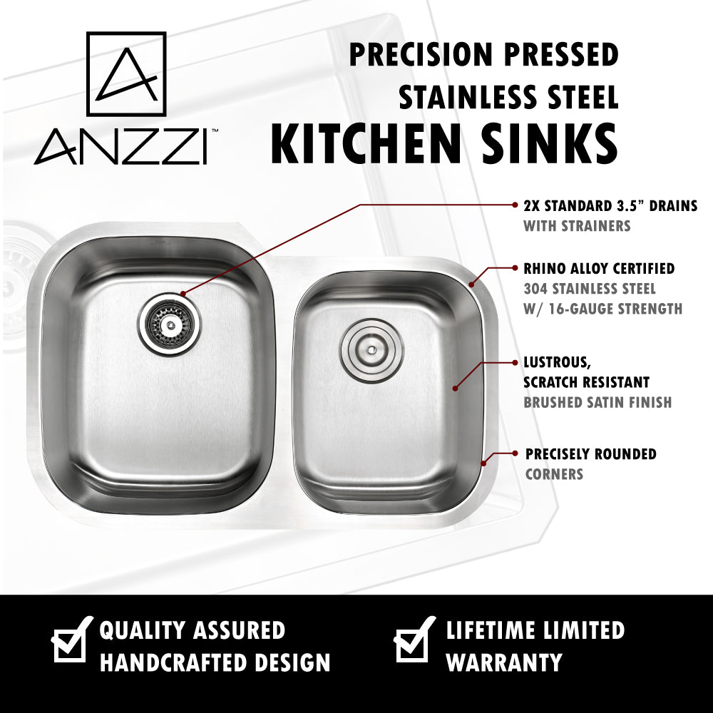 ANZZI KAZ3220-041 MOORE Undermount 32 in. Double Bowl Kitchen Sink with Singer Faucet in Polished Chrome