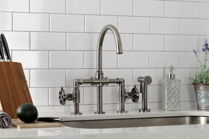 Kingston Brass KS2334RX Belknap Industrial Style Bridge Kitchen Faucet with Brass Sprayer, Black Stainless