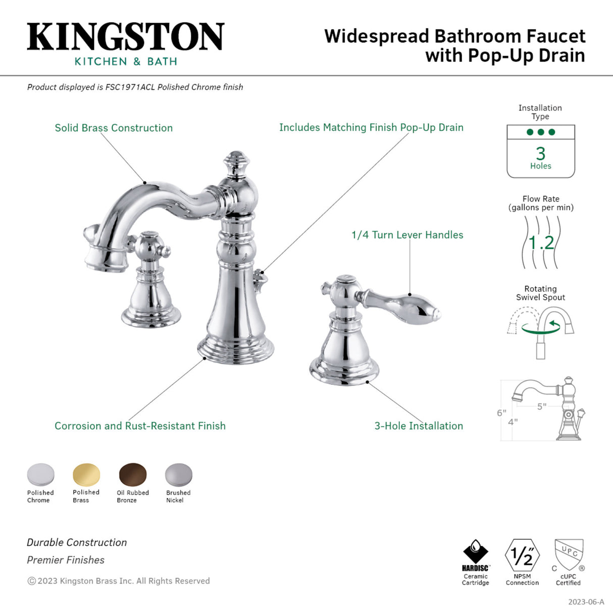 Fauceture FSC1972ACL American Classic Widespread Bathroom Faucet, Polished Brass