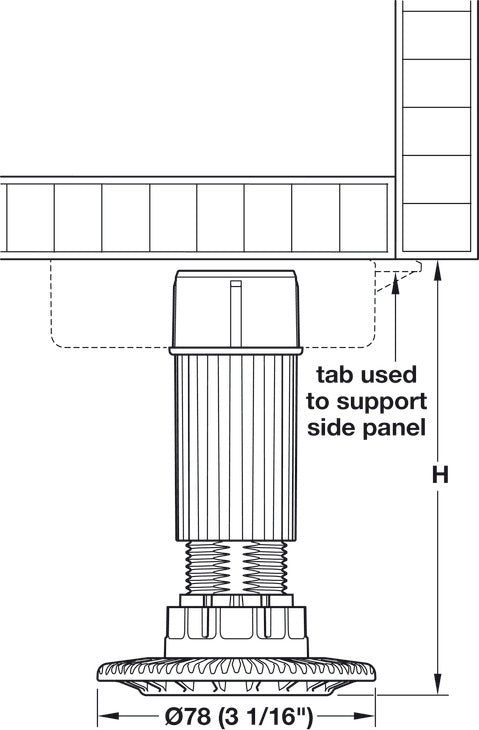 Häfele 637.76.356 Adjustment Foot, AXILO® Cabinet Leveling System, Installation heights are total after foot is fitted into the mounting plate, 0