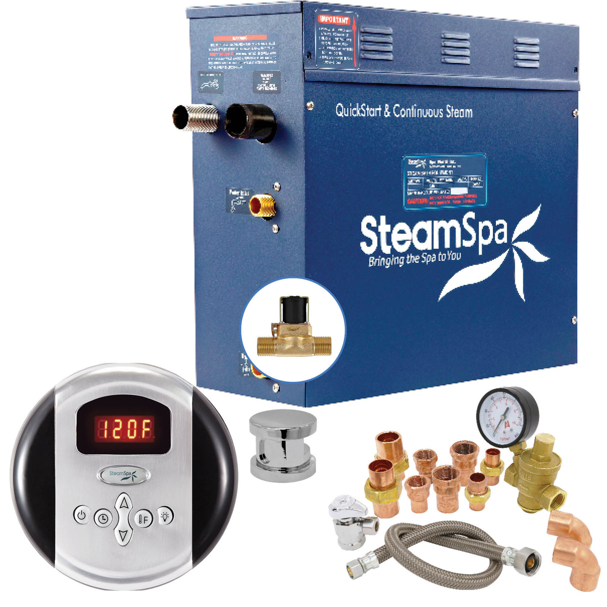 SteamSpa Premium 4.5 KW QuickStart Acu-Steam Bath Generator Package with Built-in Auto Drain in Polished Chrome PRR450CH-A