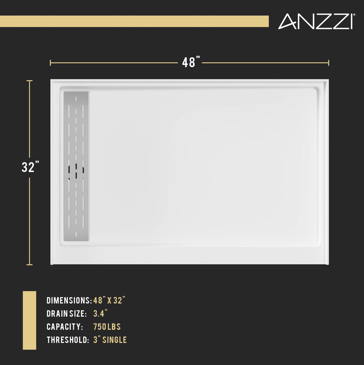 ANZZI SB-AZ103L ALEXANDER 48 in. x 32 in. Left Drain Shower Base in White