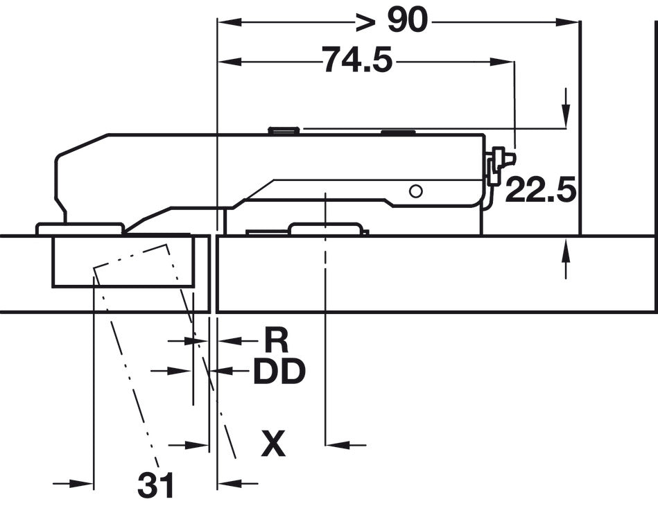 Häfele 348.37.530 Grass - Concealed Blind Corner Hinge, Tiomos, 110° Opening Angle, Inset Mounting, for blind corner applications (inset), Self-close, impresso, model F034139398223