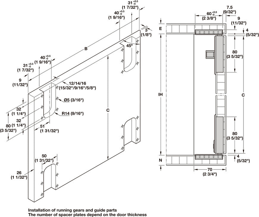 Häfele 407.40.090 Sliding Door Hardware, Slido F-Flush52 20A, for base unit/sideboard with 2 symmetrical wooden doors, flush, inset door, door weight up to 20 kg (44 lbs.), door height up to 1,600 mm (63"), Silver colored anodized, For internal cabinet wi