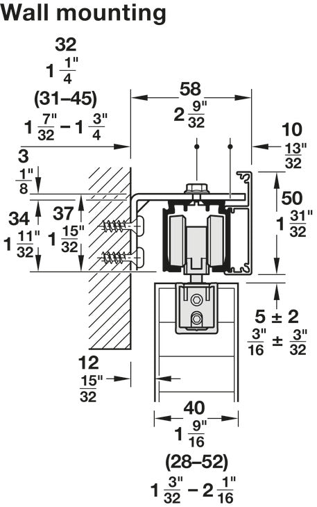Häfele 941.62.021 Sliding Door Fitting, Slido D-Line11 160I, set, For 1 to 2 wooden sliding doors, wall mounting and ceiling installation, for door weight up to 160 kg (352 lbs), With soft and self closing mechanism on both sides, door width ≥868 mm