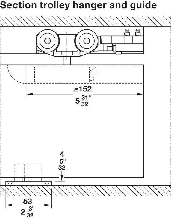 Häfele 941.62.021 Sliding Door Fitting, Slido D-Line11 160I, set, For 1 to 2 wooden sliding doors, wall mounting and ceiling installation, for door weight up to 160 kg (352 lbs), With soft and self closing mechanism on both sides, door width ≥868 mm