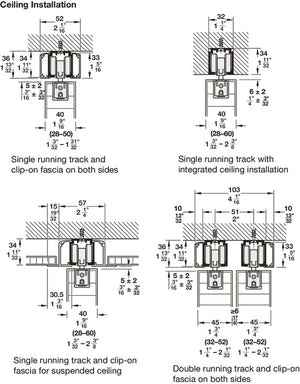 Häfele 941.62.021 Sliding Door Fitting, Slido D-Line11 160I, set, For 1 to 2 wooden sliding doors, wall mounting and ceiling installation, for door weight up to 160 kg (352 lbs), With soft and self closing mechanism on both sides, door width ≥868 mm