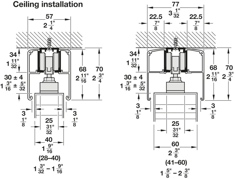 Häfele 941.62.018 Sliding Door Hardware, Slido D-Line11 160P, set, for 1-leaf and 2-leaf wooden sliding doors, ceiling and wall mounting, door height adjustable, for door weight up to 160 kg (353 lbs.), With soft and self closing and opening mechanism