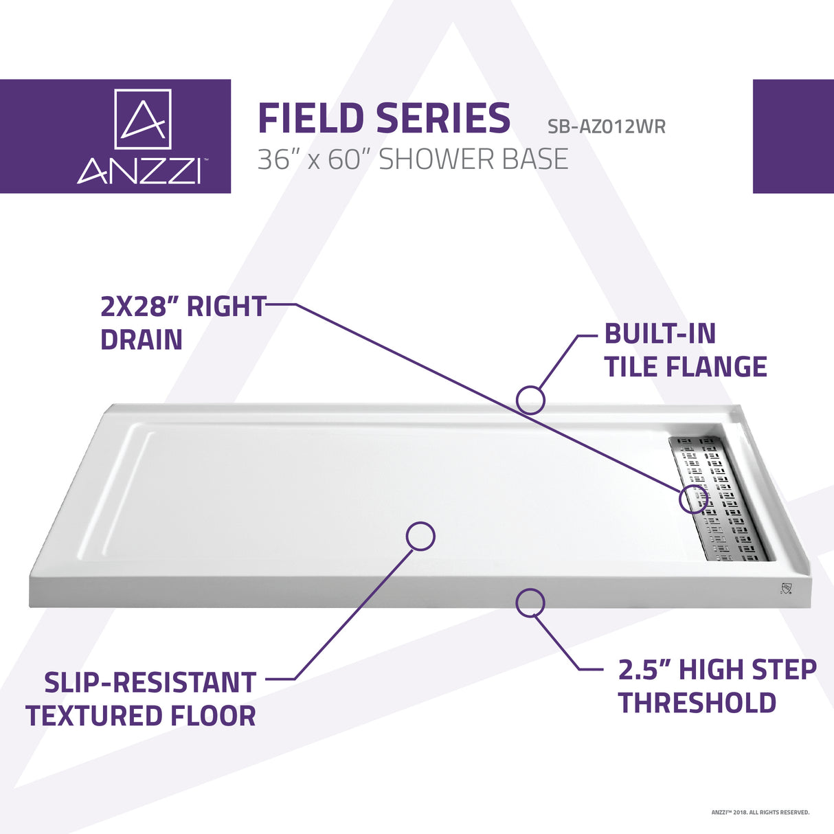 ANZZI SB-AZ012WR Field Series 60 in. x 36 in. Shower Base in White