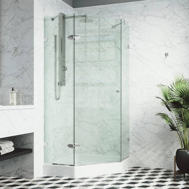 VIGO Verona 40.25 W x 70.375 H Frameless Hinged Shower Enclosure in Chrome with shower base and handle VG6061CHCL40W