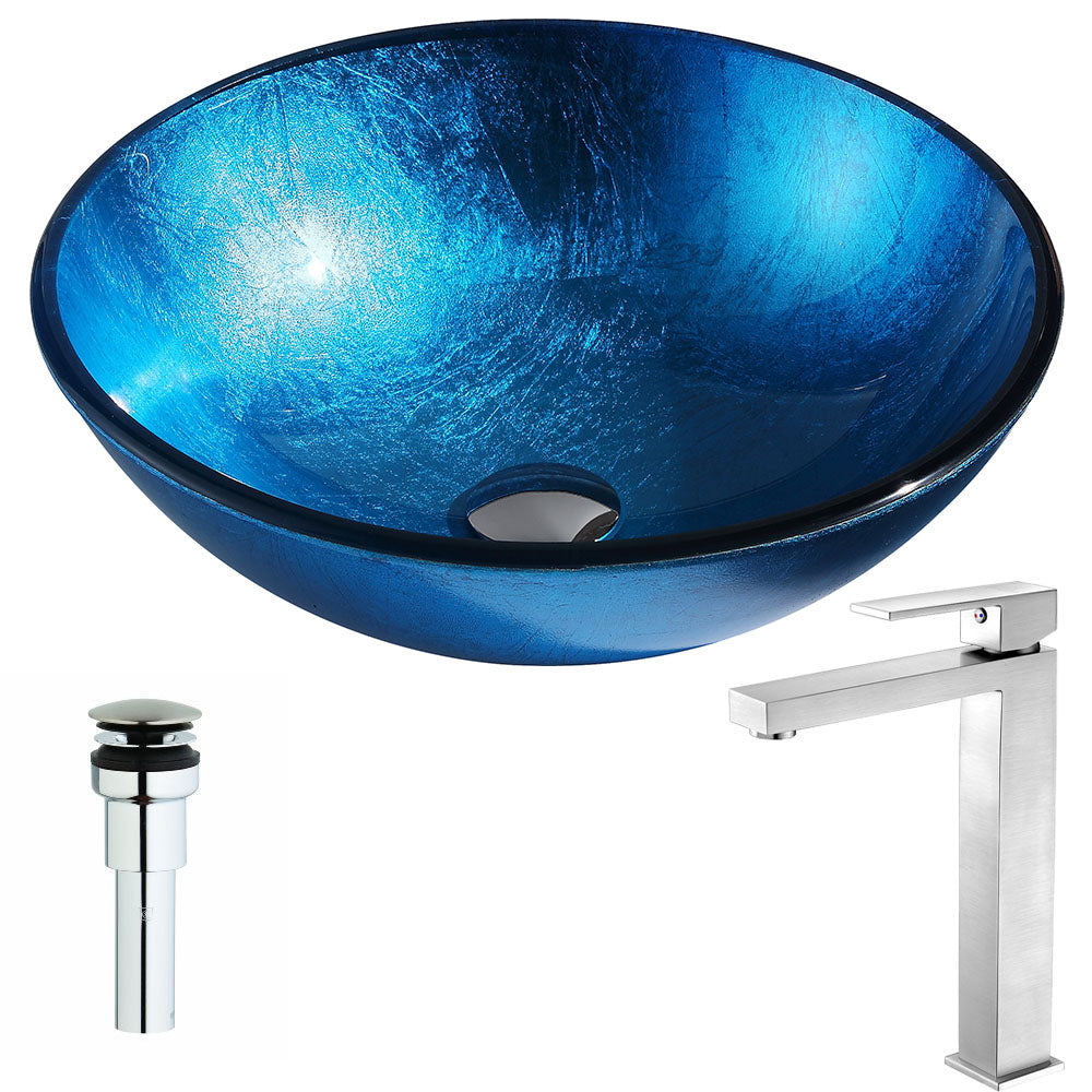 ANZZI LSAZ078-096B Arc Series Deco-Glass Vessel Sink in Lustrous Light Blue with Enti Faucet in Brushed Nickel