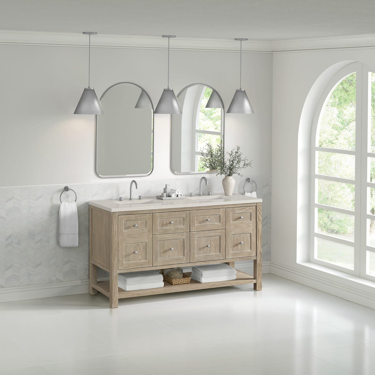 Breckenridge 60" Double Vanity, Whitewashed Oak, w/ 3 CM Siberian Silestone Top w/FreePower Wireless Charger
