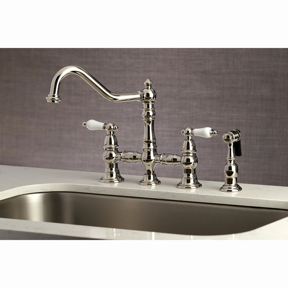 Kingston Brass KS3276PLBS Restoration 8" Bridge Kitchen Faucet with Sprayer, Polished Nickel