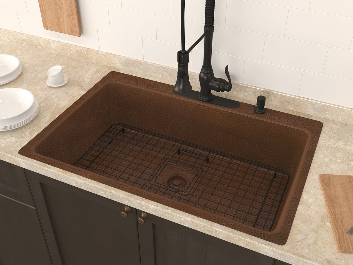 ANZZI SK-028 Lydia Drop-in Handmade Copper 33 in. 4-Hole Single Bowl Kitchen Sink in Hammered Antique Copper