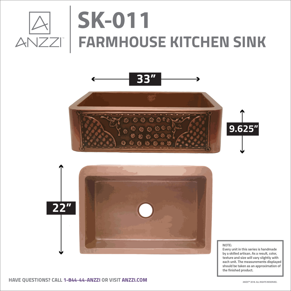 ANZZI SK-011 Macedonian Farmhouse Handmade Copper 33 in. 0-Hole Single Bowl Kitchen Sink with Flower Bed Design Panel in Polished Antique Copper