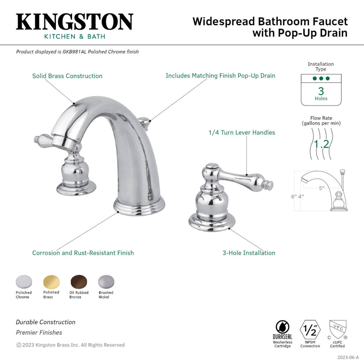 Kingston Brass GKB982AL Widespread Bathroom Faucet, Polished Brass