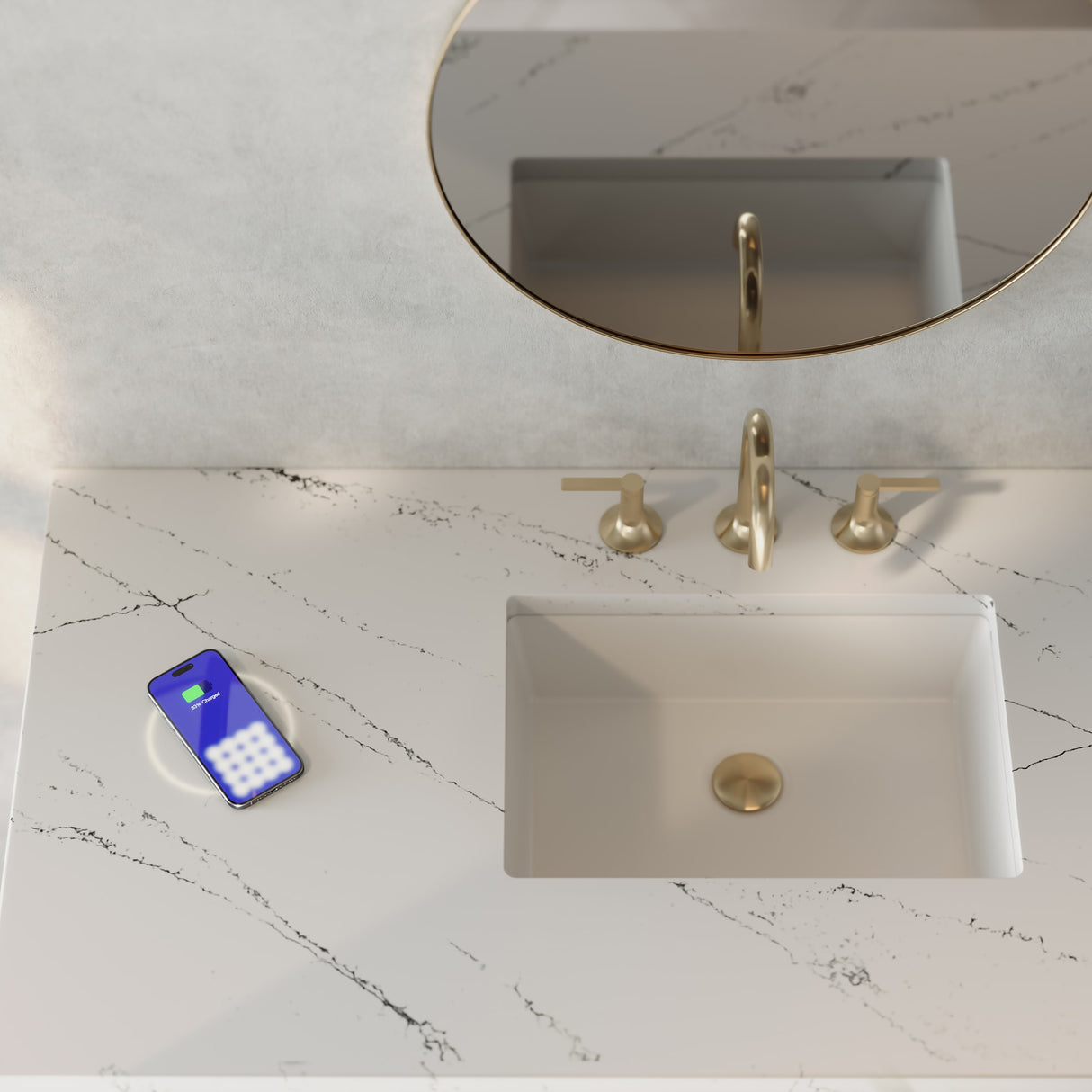 Lorelai 48" Single Vanity, Mid-Century Walnut w/ 3 CM Ethereal Noctis Silestone Top w/FreePower Wireless Charger