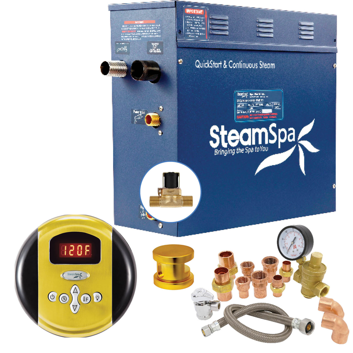 SteamSpa Premium 7.5 KW QuickStart Acu-Steam Bath Generator Package with Built-in Auto Drain in Gold PRR750GD-A