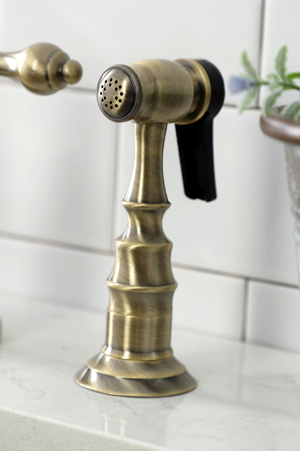 Kingston Brass KS7793ALBS English Country Bridge Kitchen Faucet with Brass Sprayer, Antique Brass