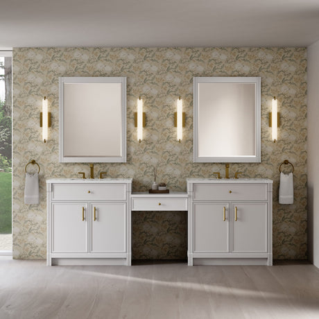 Bellshire 96" Dual Vanity Set with 24" Make-Up Counter, Bright White w/3 cm White Zeus Silestone Top
