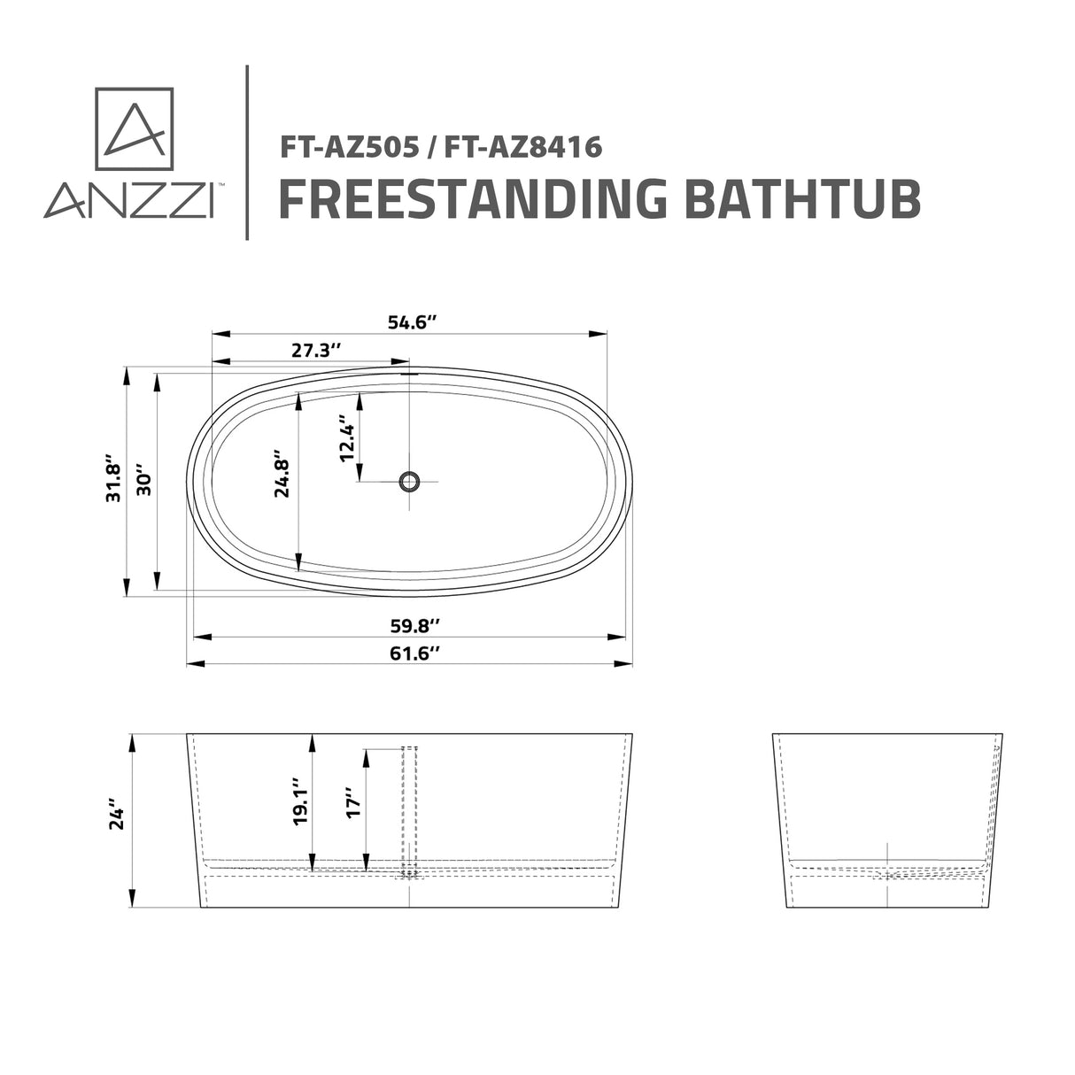 ANZZI FT-AZ505 Roccia 5.1 ft. Solid Surface Center Drain Freestanding Bathtub in Matte White