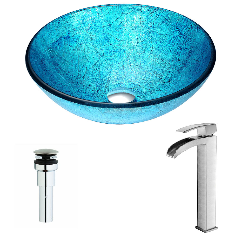 ANZZI LSAZ047-097B Accent Series Deco-Glass Vessel Sink in Blue Ice with Key Faucet in Brushed Nickel