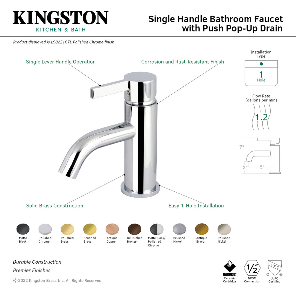 Fauceture LS8220CTL Continental Single-Handle Bathroom Faucet with Push Pop-Up, Matte Black