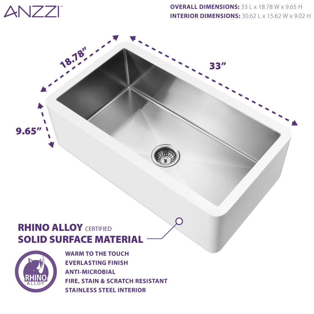 ANZZI K-AZ270-A1 Nepal Series Farmhouse Solid Surface 33 in. 0-Hole Single Bowl Kitchen Sink with Stainless Steel Interior in Matte White