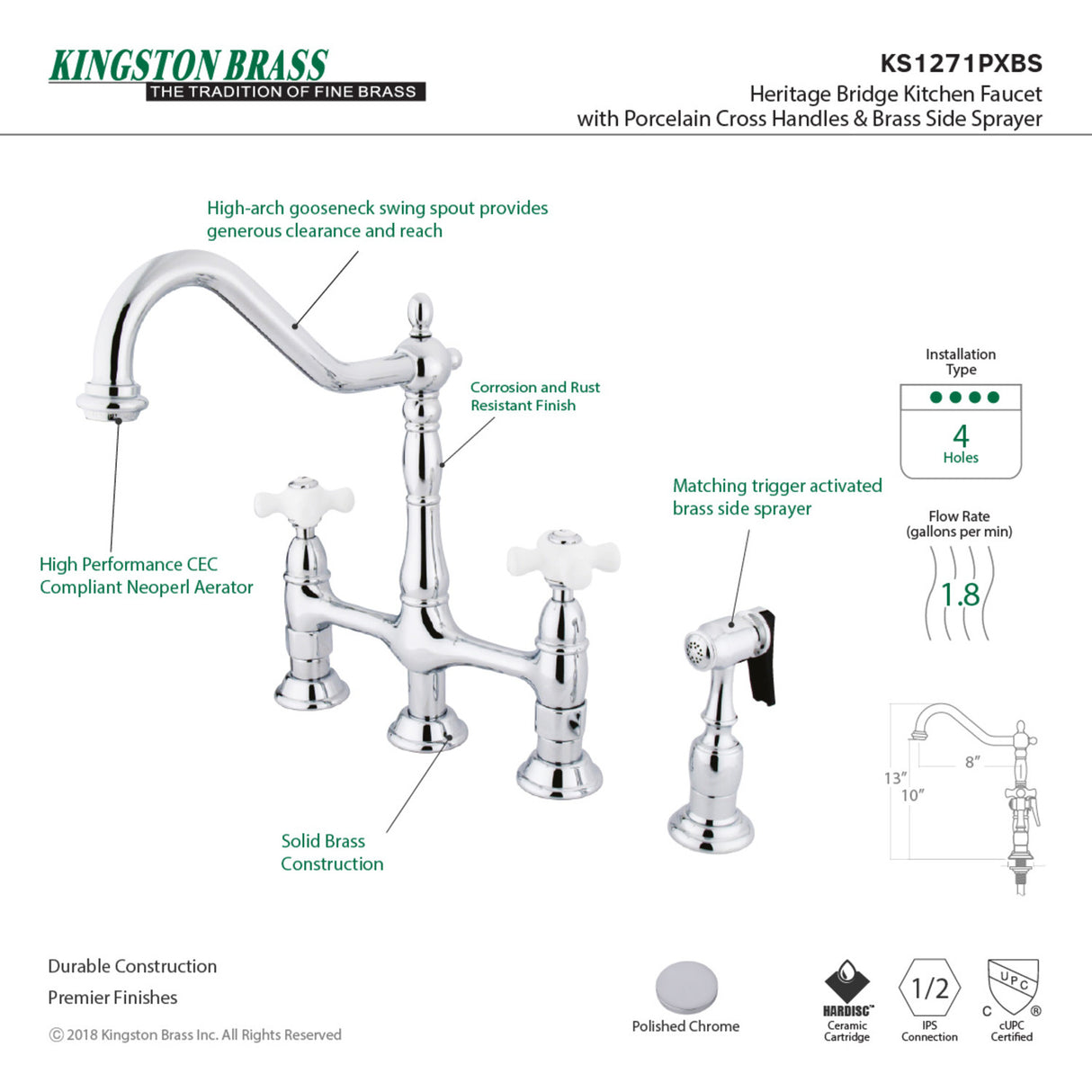 Kingston Brass KS1271PXBS Heritage Bridge Kitchen Faucet with Brass Sprayer, Polished Chrome