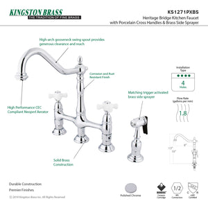 Kingston Brass KS1271PXBS Heritage Bridge Kitchen Faucet with Brass Sprayer, Polished Chrome