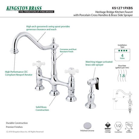 Kingston Brass KS1271PXBS Heritage Bridge Kitchen Faucet with Brass Sprayer, Polished Chrome