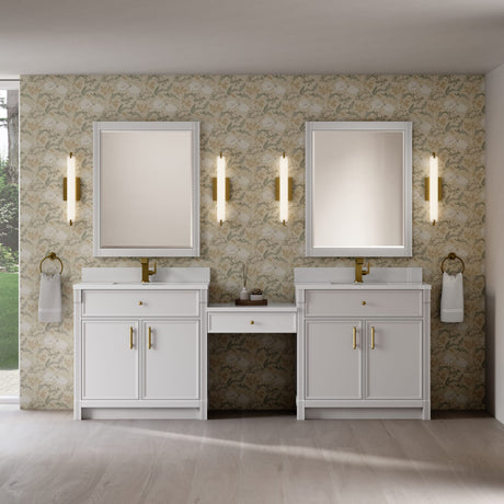 Bellshire 96" Dual Vanity Set with 24" Make-Up Counter, Bright White w/Single Hole 3 cm White Zeus Silestone Top & Backsplash