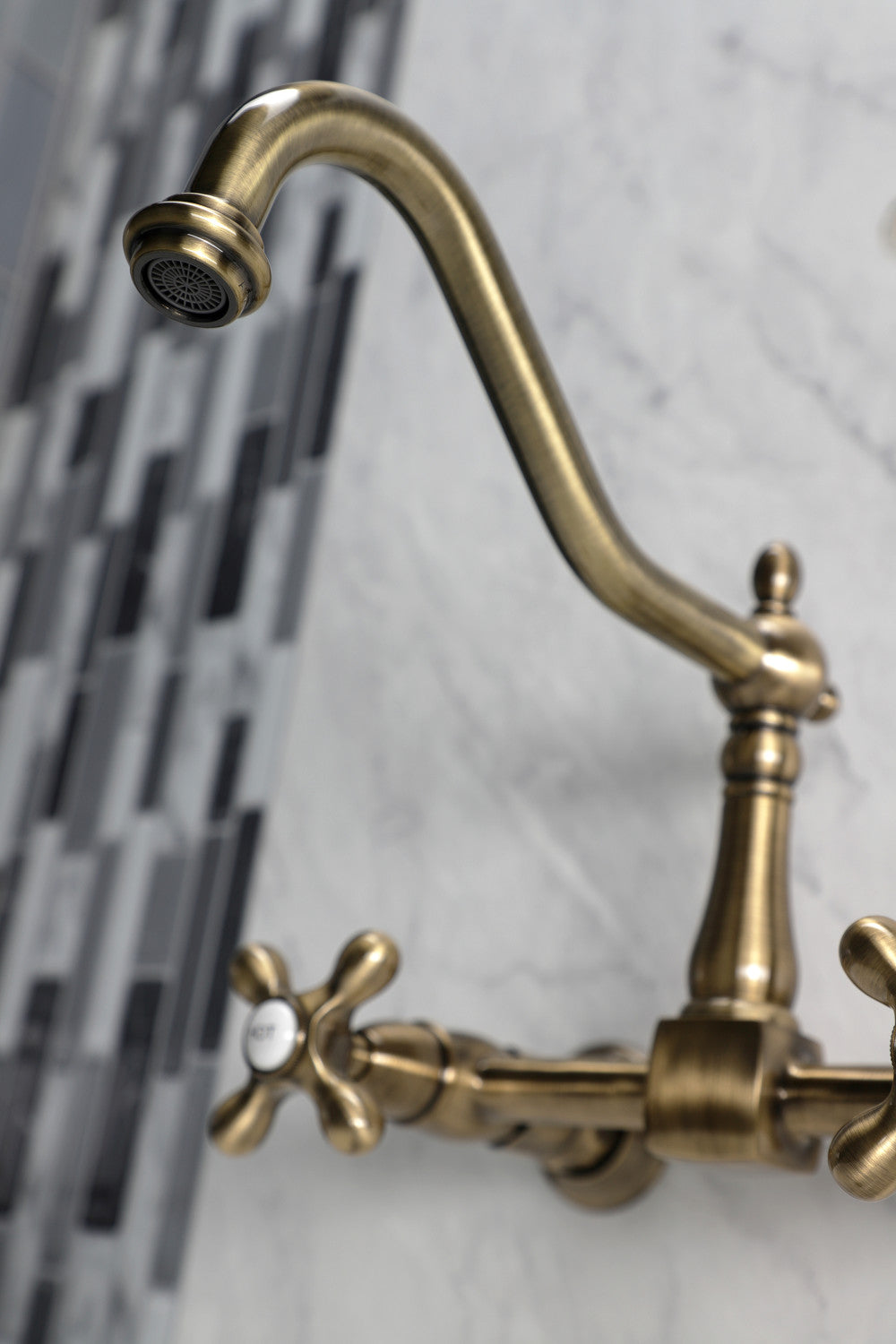 Kingston Brass KS1243AX Heritage Wall Mount Bridge Kitchen Faucet, Antique Brass