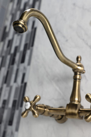 Kingston Brass KS1243AX Heritage Wall Mount Bridge Kitchen Faucet, Antique Brass