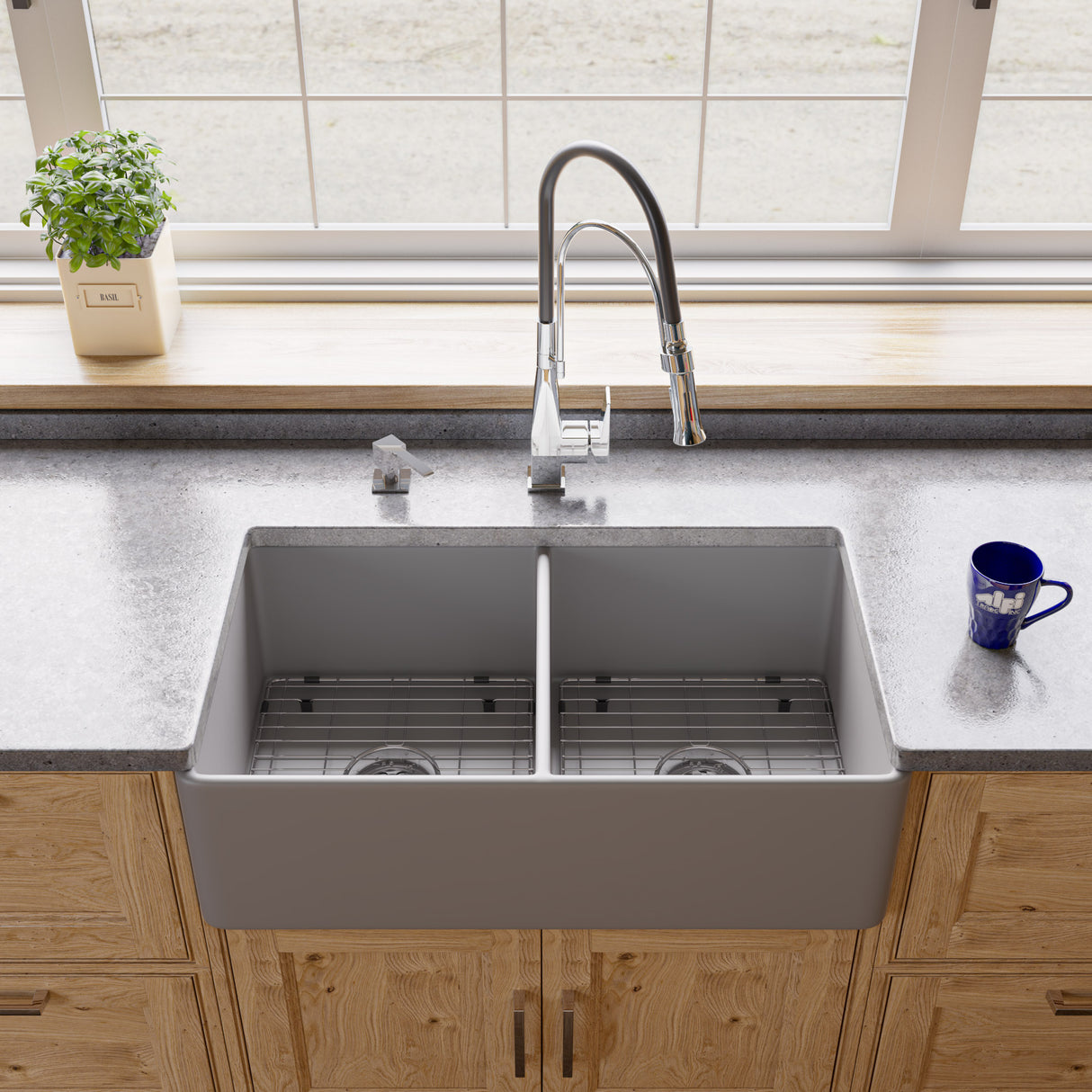 Gray Matte Smooth Apron 33" x 18" Double Bowl Fireclay Farm Sink
