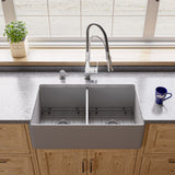 Gray Matte Smooth Apron 33" x 18" Double Bowl Fireclay Farm Sink