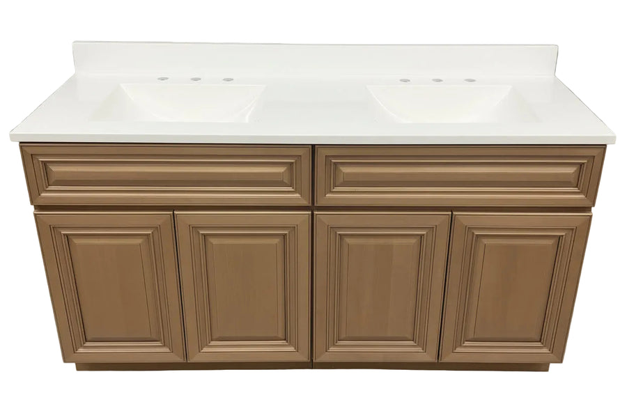 J&K Cabinetry 60" Cinnamon Double Vanity - Warm Wood Finish with Cultured Marble Top