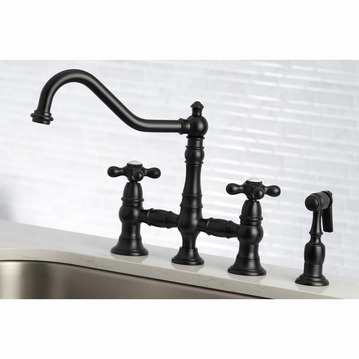 Kingston Brass KS3270AXBS Restoration 8" Bridge Kitchen Faucet with Sprayer, Matte Black