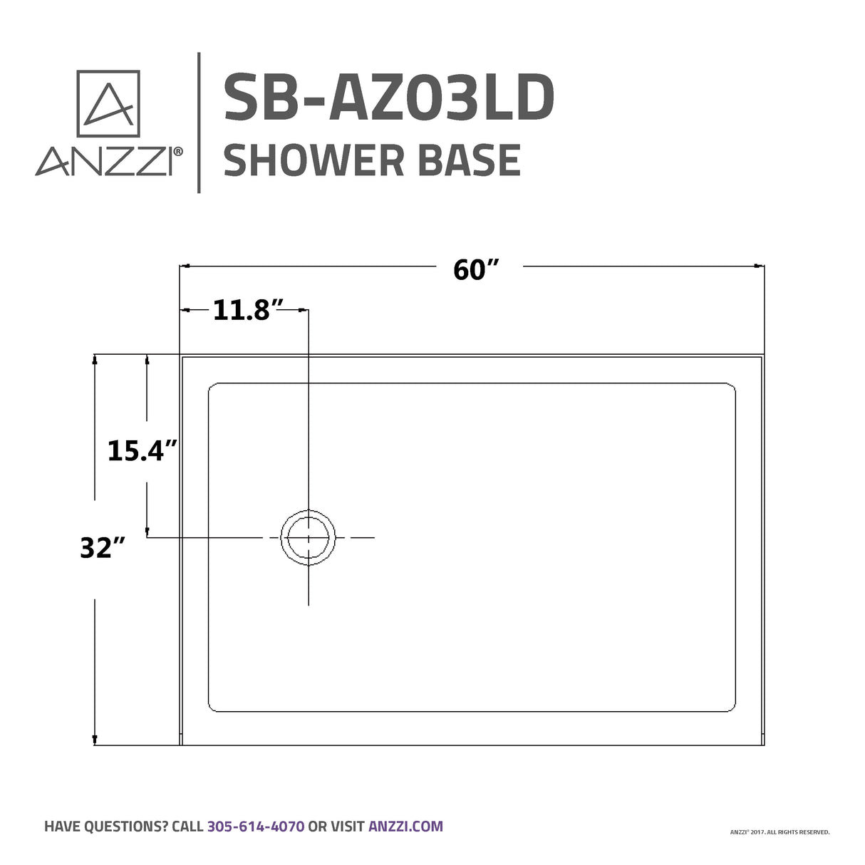 ANZZI SB-AZ03LD-R Jebel 32 x 60  in. Left Drain Single Threshold Shower Base in White