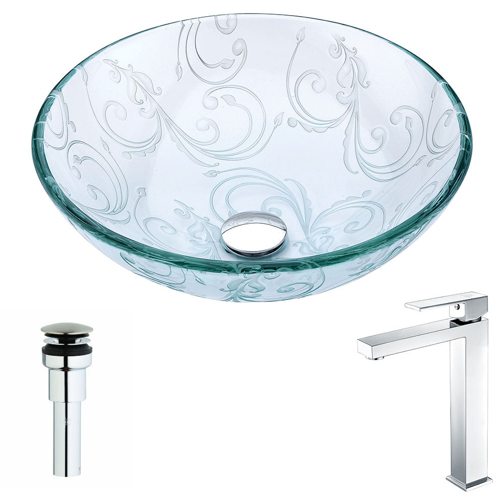 ANZZI LSAZ065-096 Vieno Series Deco-Glass Vessel Sink in Crystal Clear Floral with Enti Faucet in Chrome