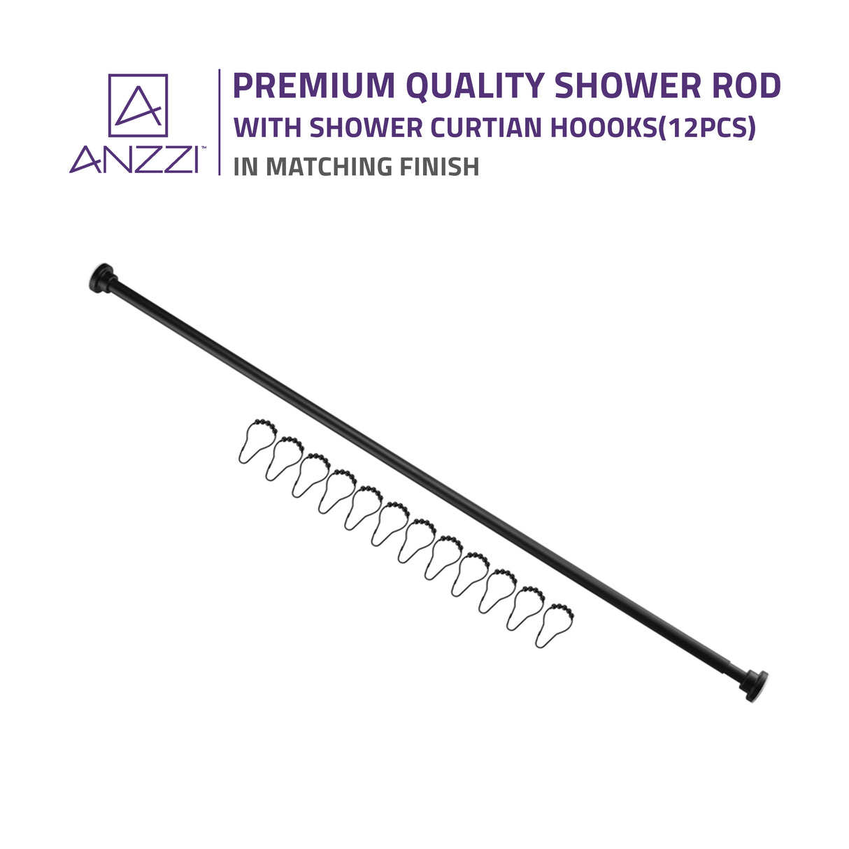 ANZZI AC-AZSR88MB 48-88 Inches Shower Curtain Rod with Shower Hooks in Matt Black | Adjustable Tension Shower Doorway Curtain Rod | Rust Resistant No Drilling Anti-Slip Bar for Bathroom | AC-AZSR88MB