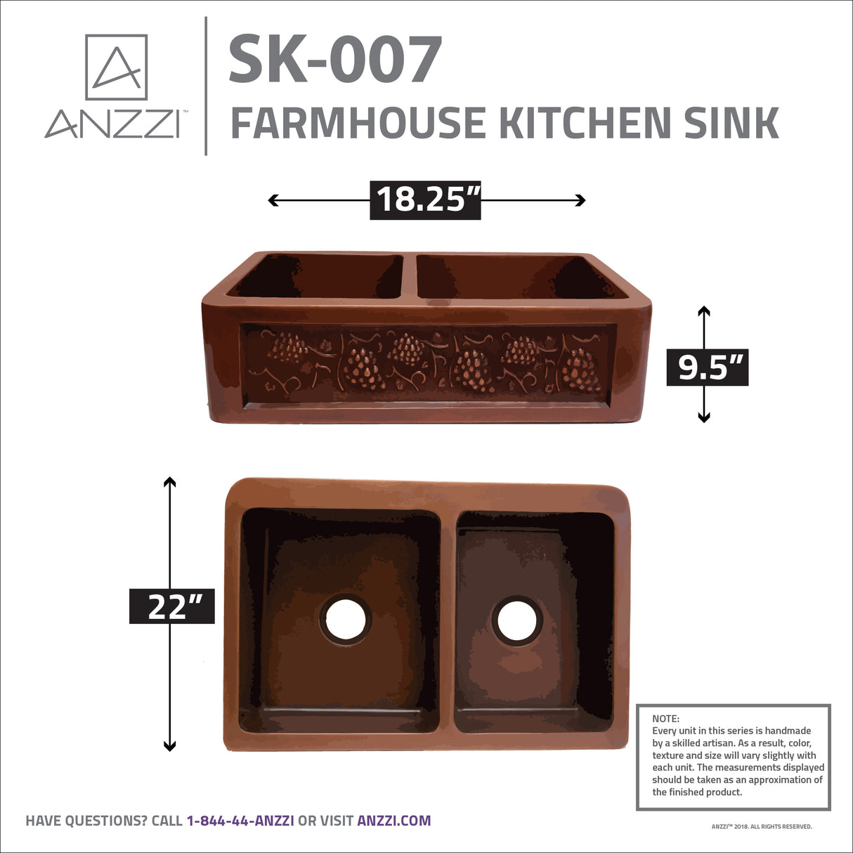 ANZZI SK-007 Dalmatia Farmhouse Handmade Copper 33 in. 40/60 Double Bowl Kitchen Sink with Grape Vine Design in Polished Antique Copper