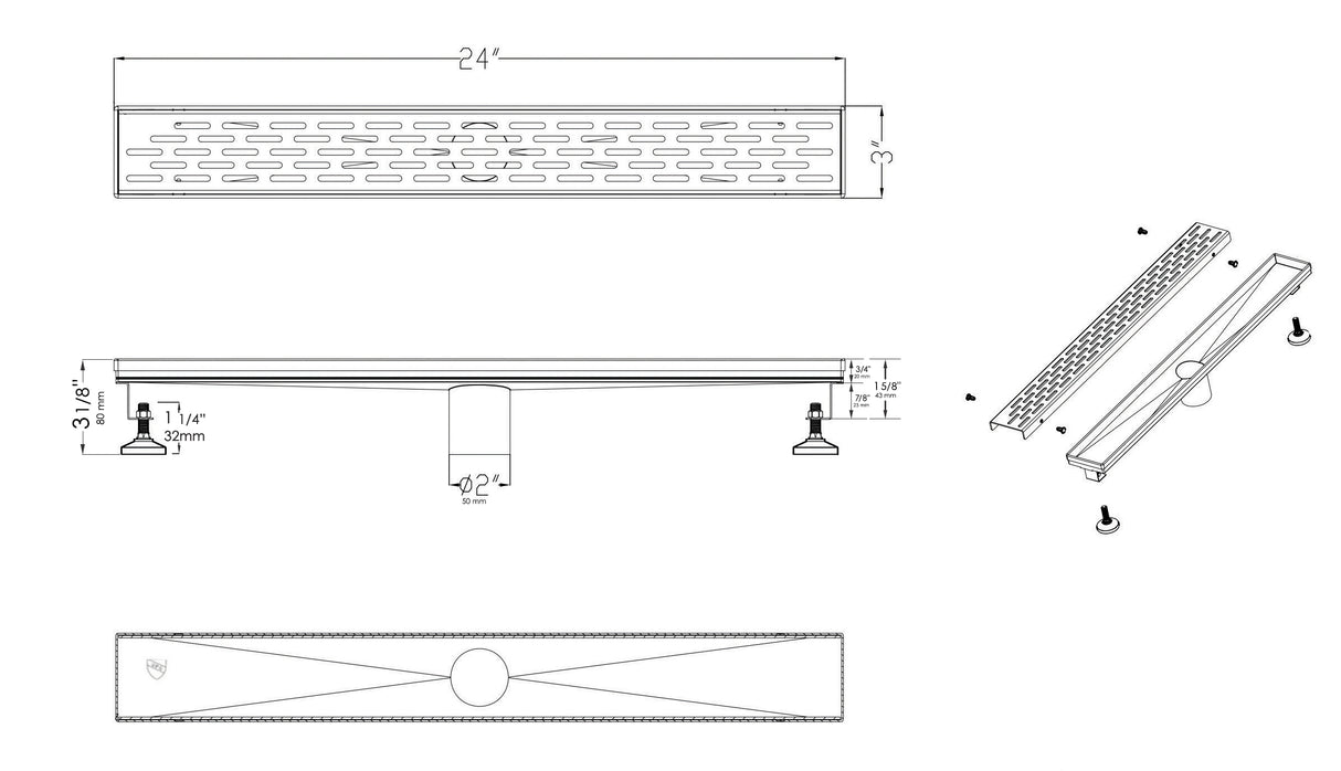 ALFI brand ABLD24C 24" Long Modern Stainless Steel Linear Shower Drain with Groove Holes