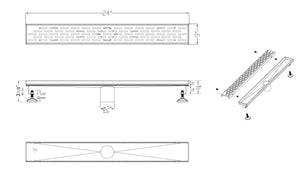 24" Black Matte Stainless Steel Linear Shower Drain with Groove Holes
