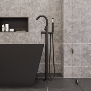 Black Matte Single Lever Floor Mounted Tub Filler Mixer w Hand Held Shower Head