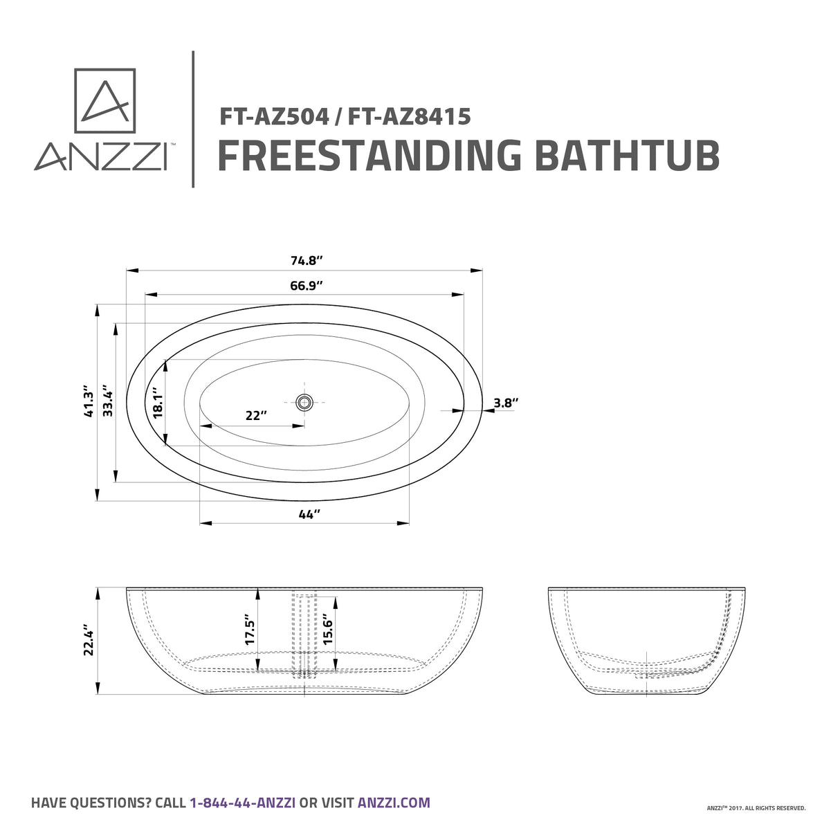 ANZZI FT-AZ504 Lusso 6.3 ft. Solid Surface Center Drain Freestanding Bathtub in Matte White